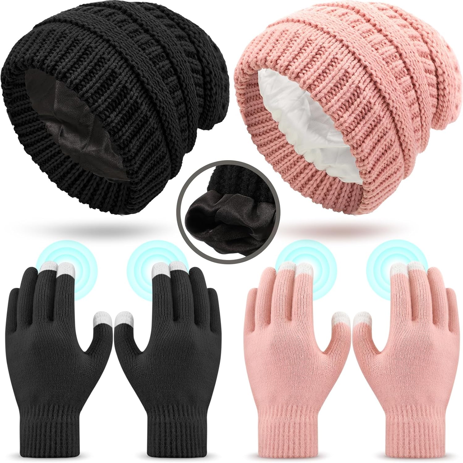 2 Sets Winter Hat and Gloves for Women, Satin Lined Hats for Women Touchscreen Gloves Slouchy Knit Beanies Set